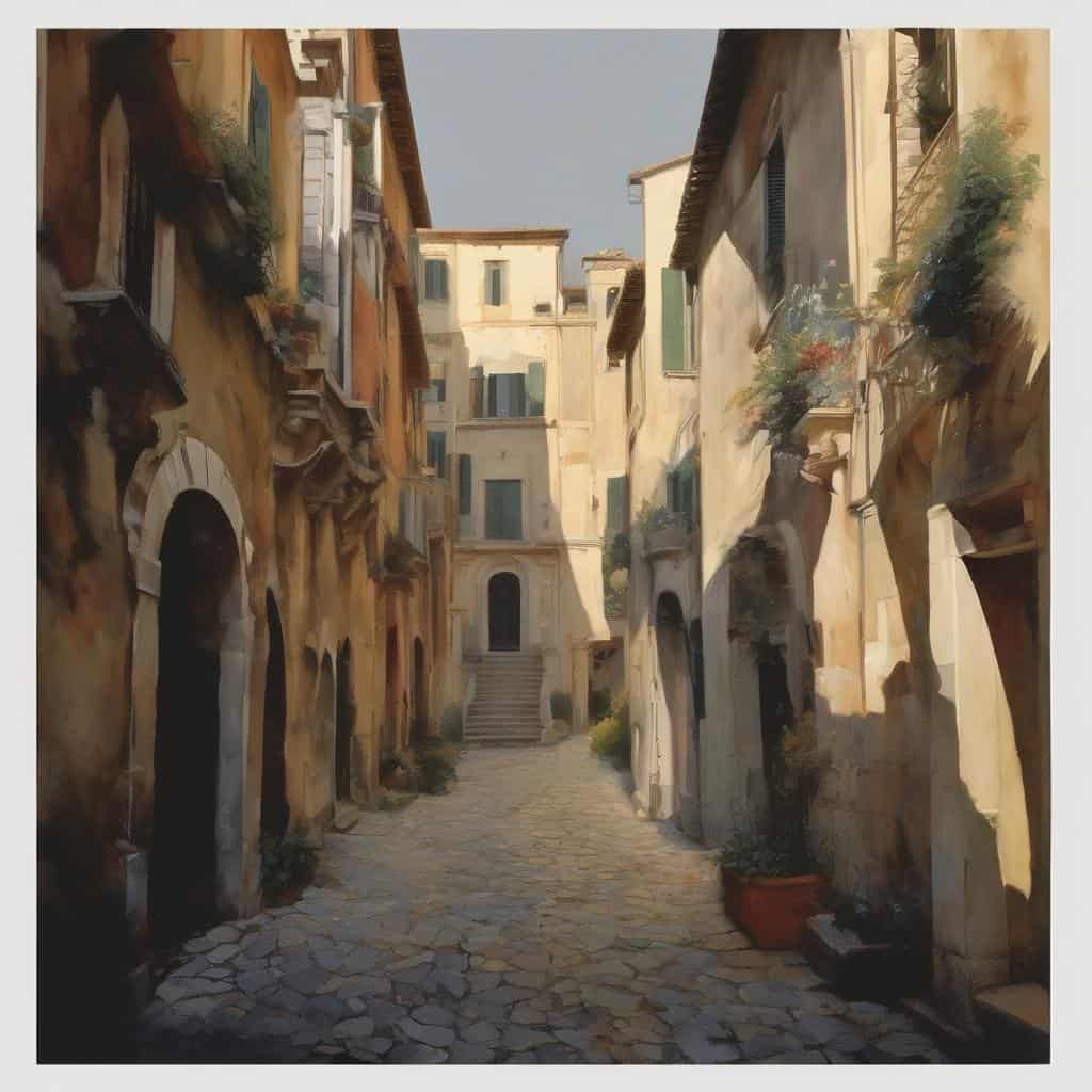 Μεσαιωνική πλατεία στην Ελλάδα, ιστορική αρχιτεκτονική με παραδοσιακά χρώματα και φυτά, πολιτισμός και τέχνες.