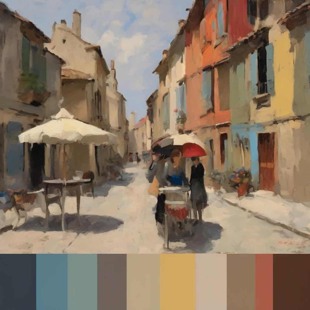 Ζωγραφική εικόνα street art σε παραδοσιακή γειτονιά, πολύχρωμα κτίρια και ανθρώπους με ομπρέλες, τέχνες και κοινωνική εξέλιξη.