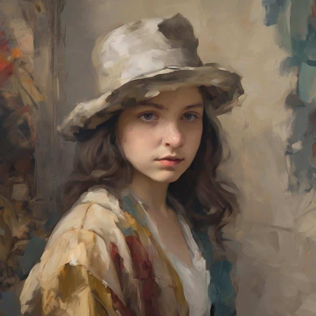 Ρόλος των τεχνών στην κοινωνική εξέλιξη, νεαρή γυναίκα με καπέλο, πορtrait, κοινωνική αλλαγή και καλλιτεχνική έκφραση, καλλιτεχνικό έργο, κοινωνική διαμόρφωση, σύγχρονη τέχνη.