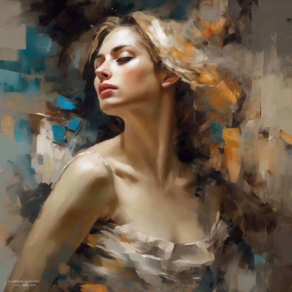 Φωτογραφία καλλιτέχνις με έντονη εκφραστικότητα, σε αφηρημένο εικαστικό ύφος, διάσημη για την τέχνη και την κοινωνική επιρροή.